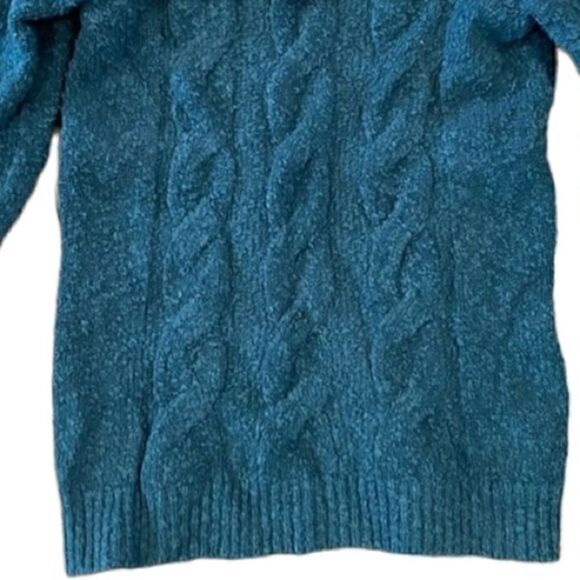 Free People- Cable Foldover Off The Shoulder Sweater in Teal Blue, Size Large - Picture 5 of 9